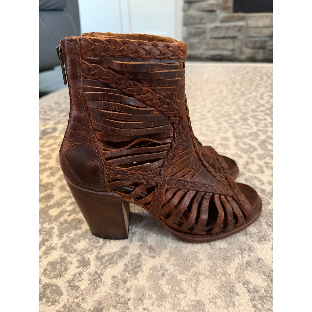 Freebird by Steven Bela Brown Leather Woven Huarache Peep Toe Booties Size 8 - Picture 6 of 10